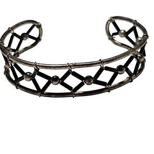 Vintage Boho Chic Silver Tone Cuff Bracelet Black Enamel Geometric Design Women